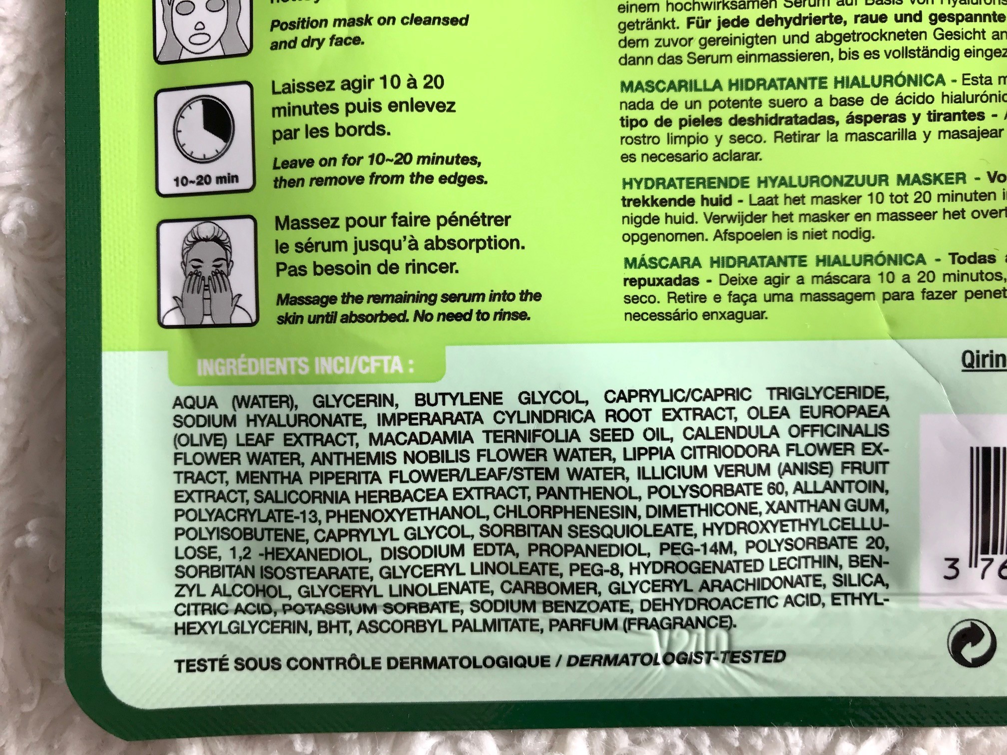 ingredienten qiriness hyaluronic moisture mask